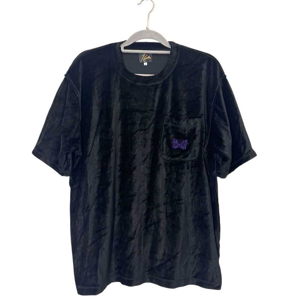 Needles T Shirt Mens L Black Velvet‎ Short Sleeve Logo Made In Japan